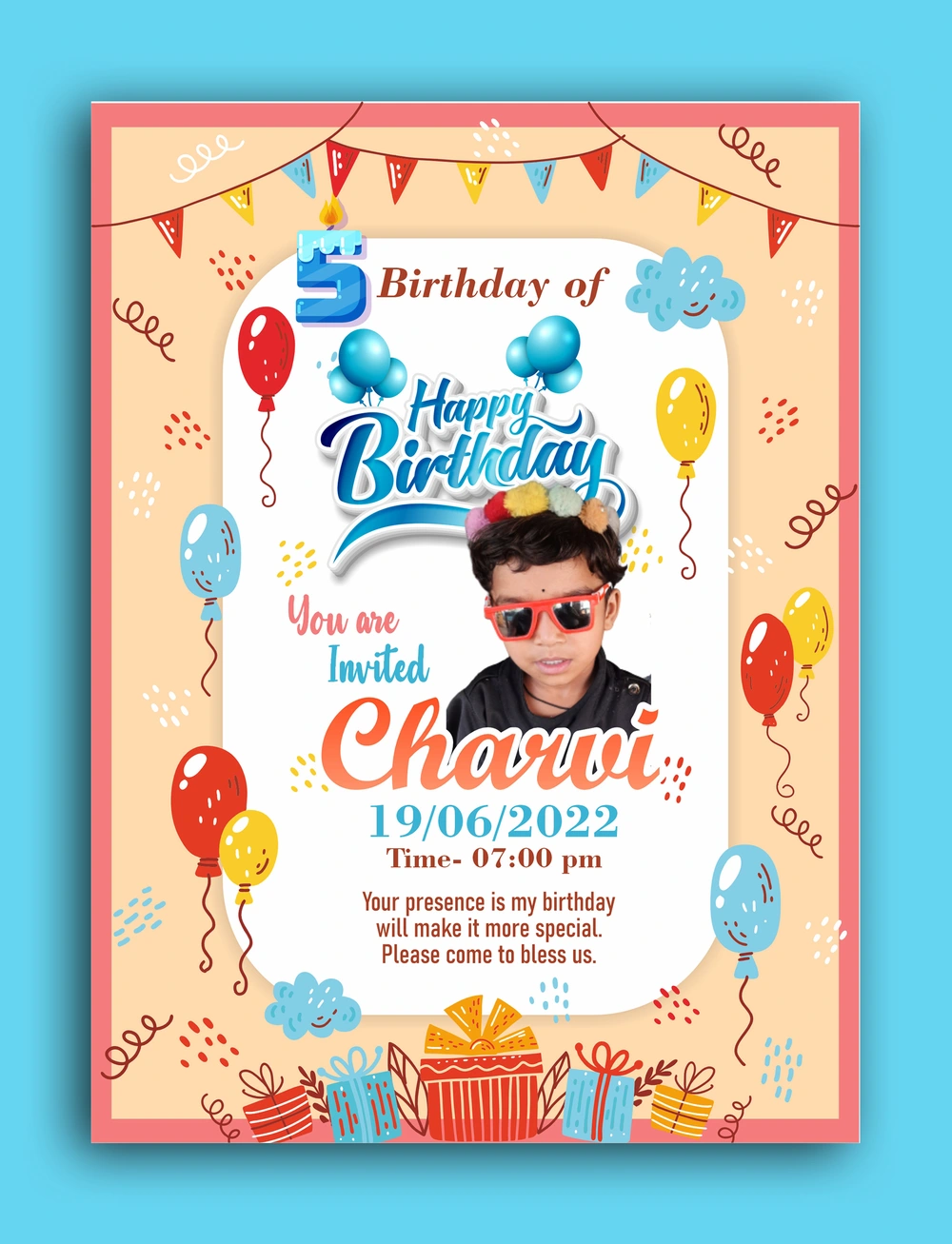 Fifth Birthday Celebration Invitation Card Free Hindi Design