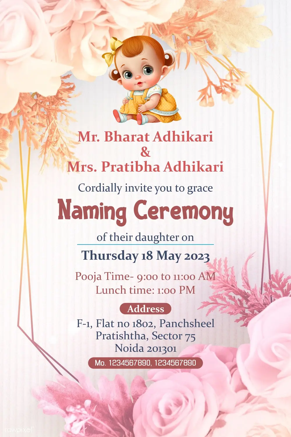 Naming ceremony invitation card template 180523 - Free Hindi Design