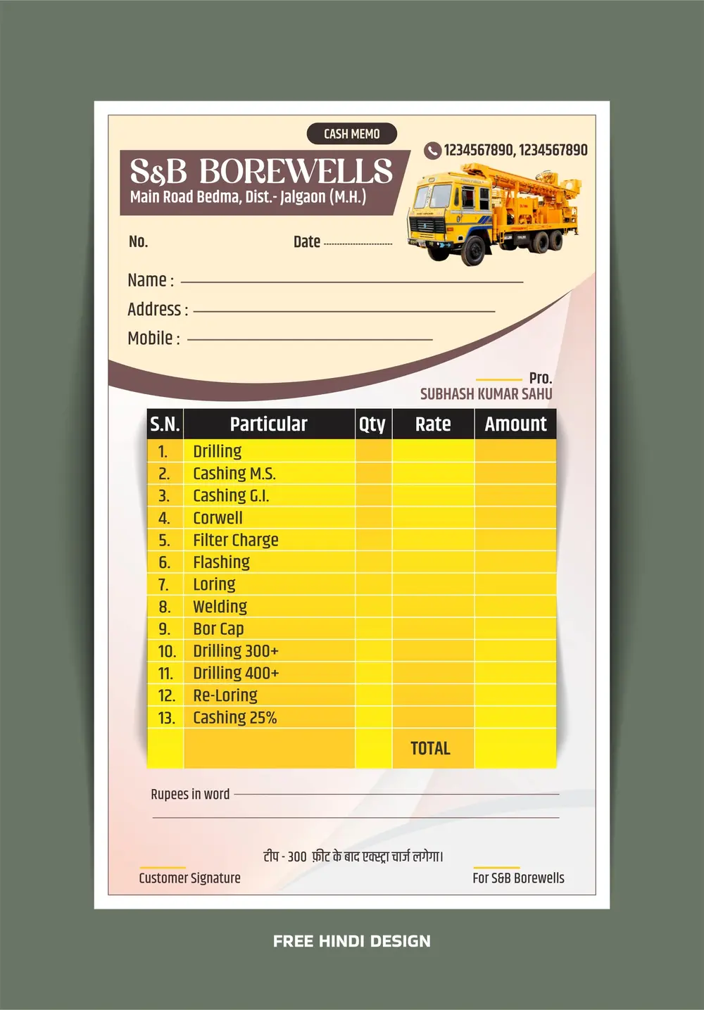 Professionally designed Borewells and Pumps Invoice Template 300424