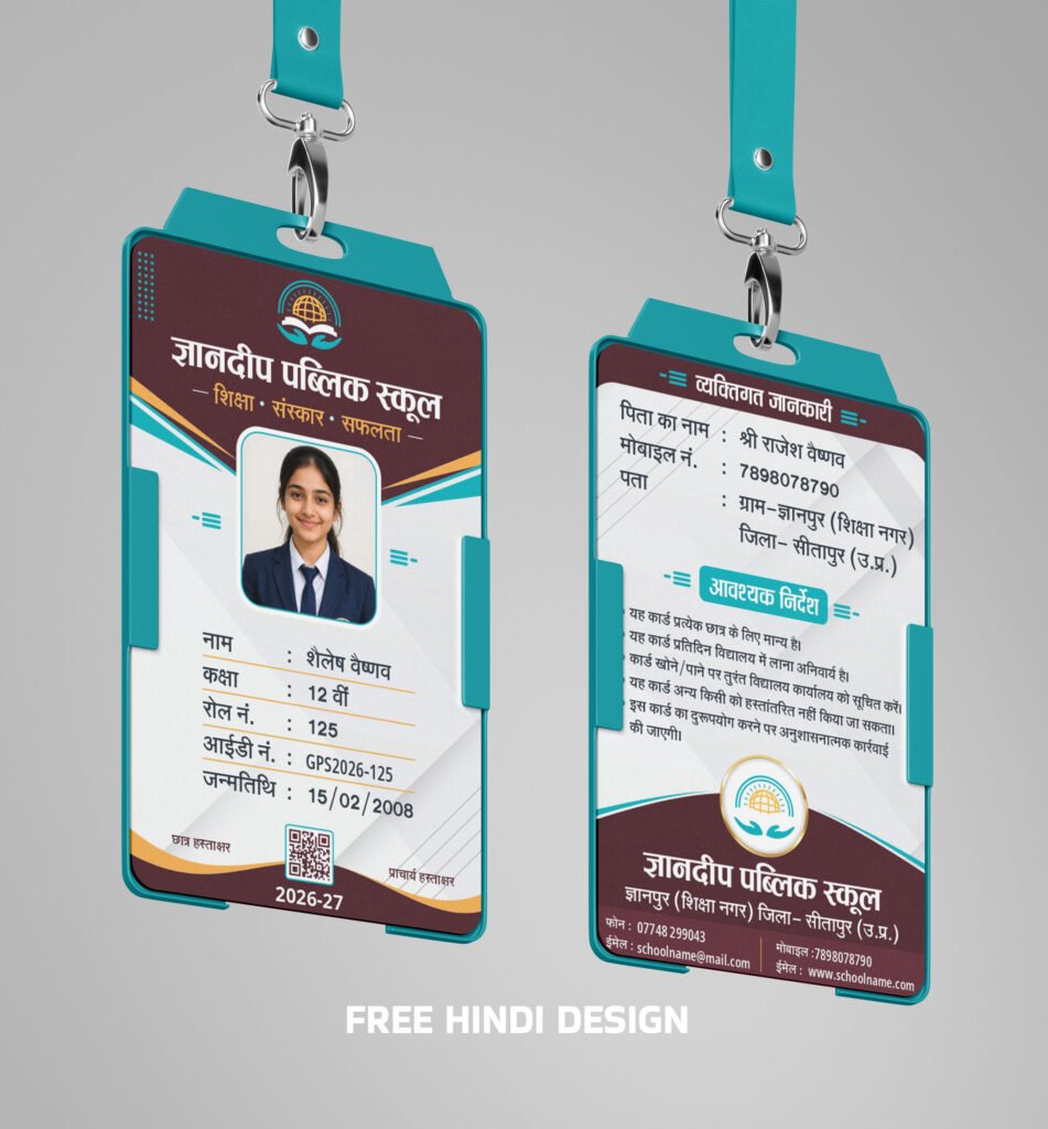Modern School Student ID Card Template Design with Student Photo, QR Code, School Logo, Blue Educational Theme and Print Ready Layout