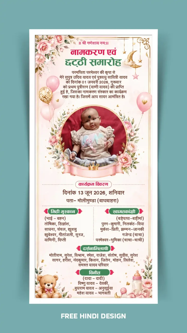 Premium Namkaran & Chhathi Samaroh Invitation Card Template | Hindi Baby Naming Ceremony Card | CDR PSD Editable Design