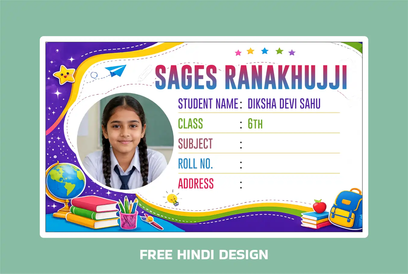 Colorful student book name plate sticker template with photo, student name, class, subject, roll number and address editable in CorelDRAW CDR format.