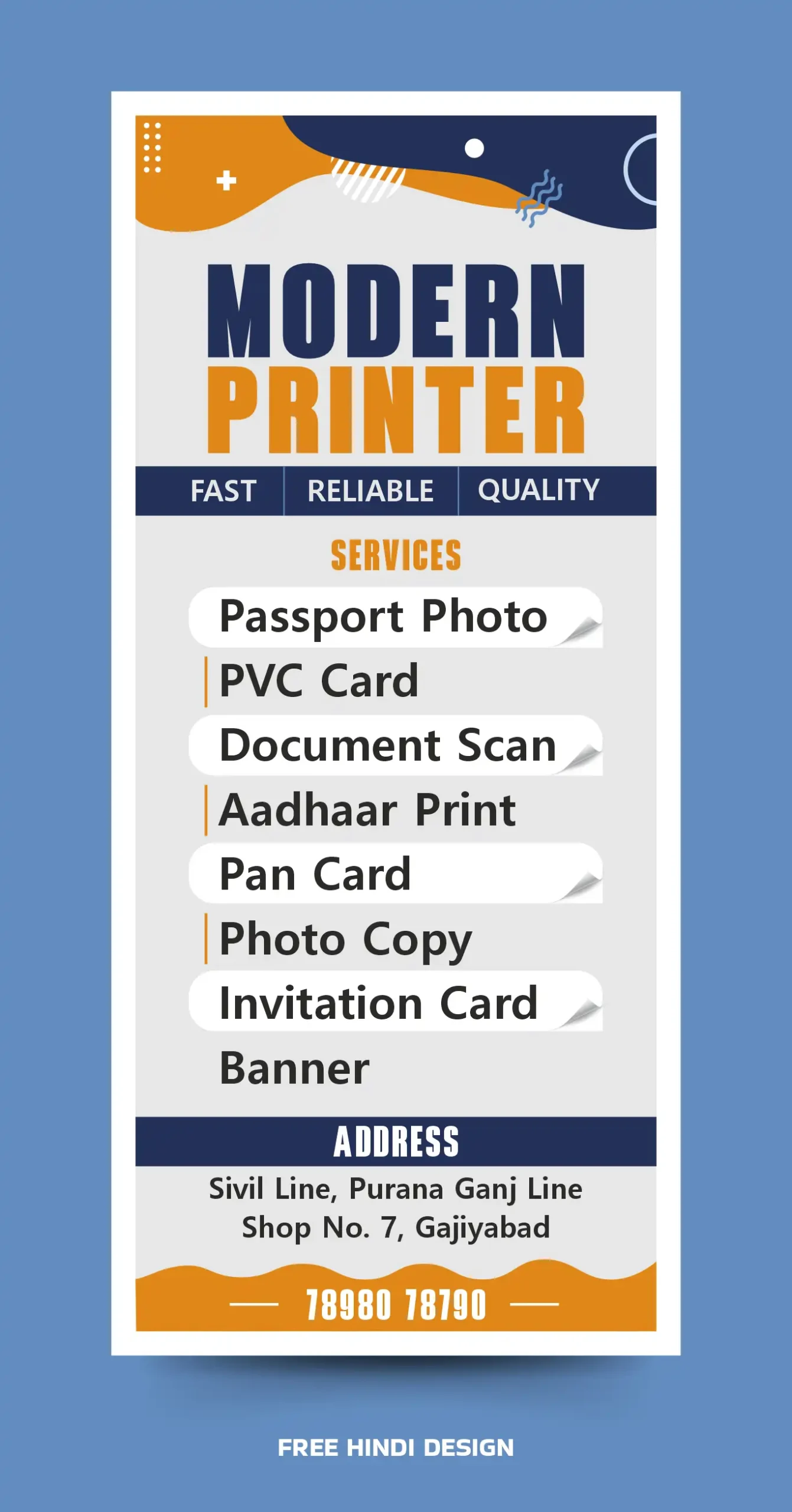 Modern Printing Shop Standy Banner Template with Passport Photo, PVC Card, Document Scan, Aadhaar Print, PAN Card, Photo Copy, Invitation Card and Banner Printing Services
