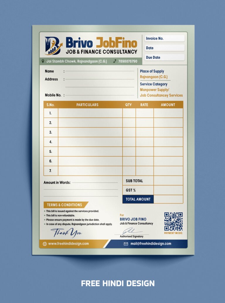 Job & Finance Consultancy professional invoice bill book template with GST section, customer details, billing table, QR payment area, and corporate layout.