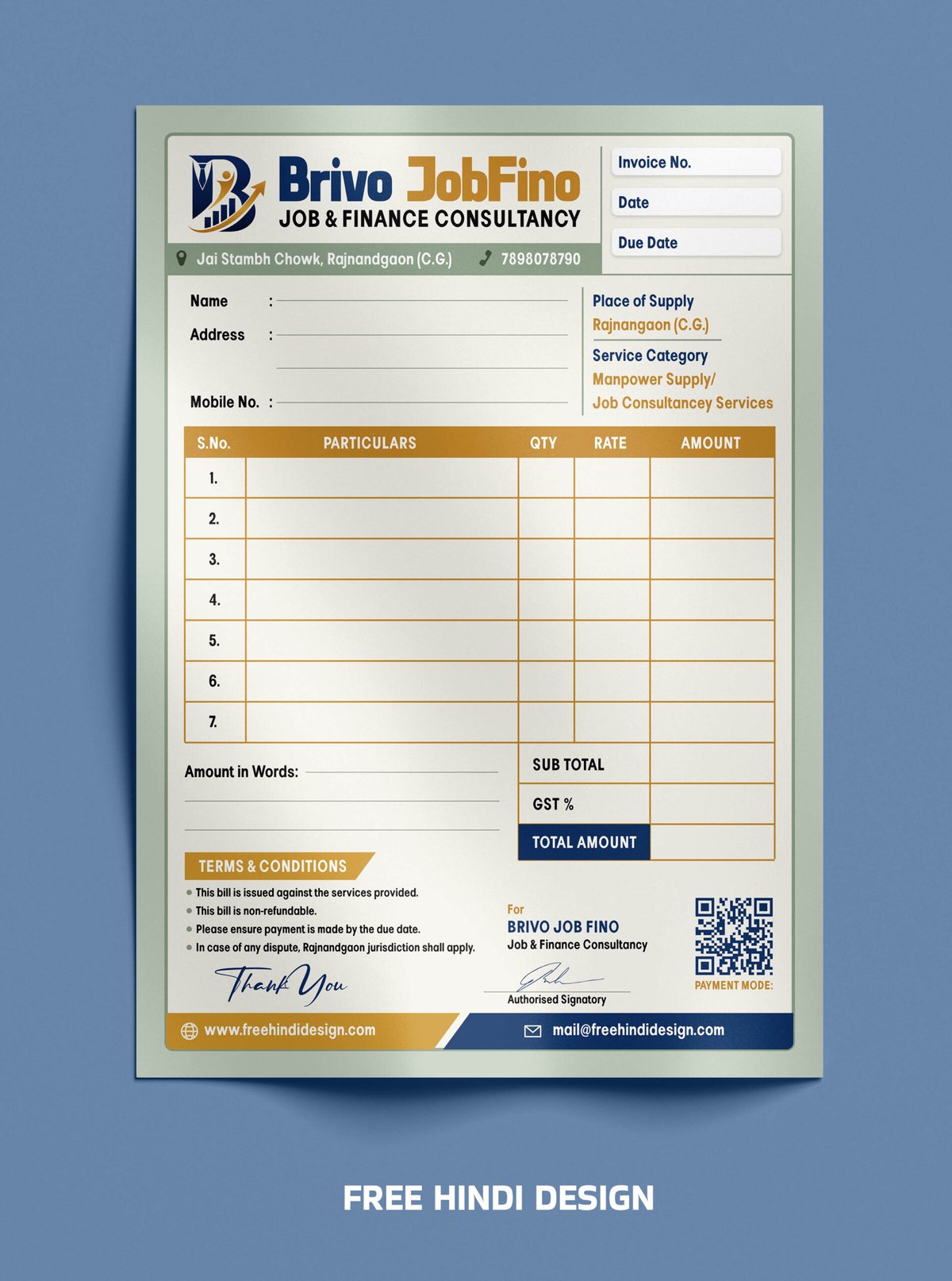 Job & Finance Consultancy professional invoice bill book template with GST section, customer details, billing table, QR payment area, and corporate layout.