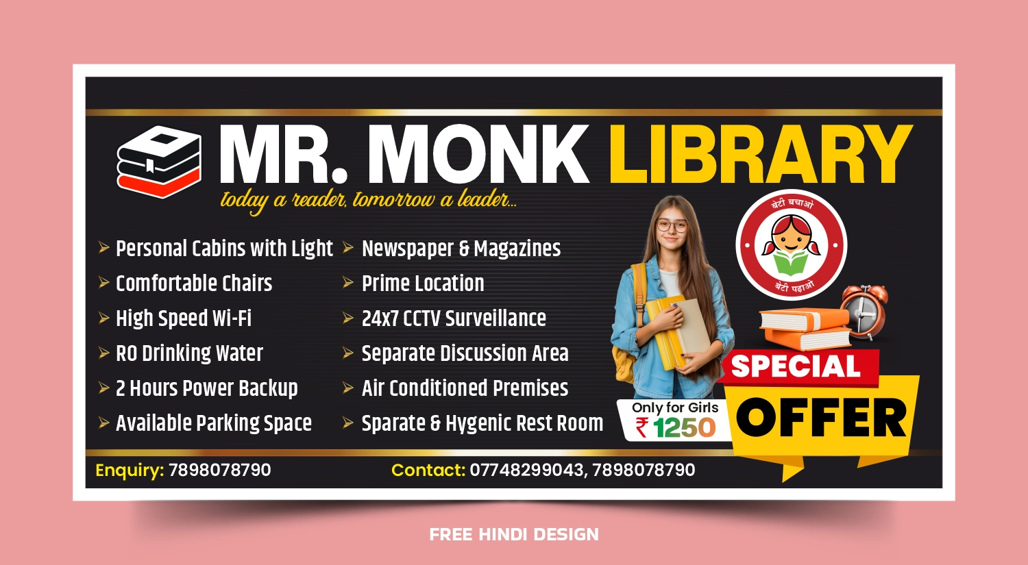 LIBRARY promotional banner template with black gold design, library facilities and special offer