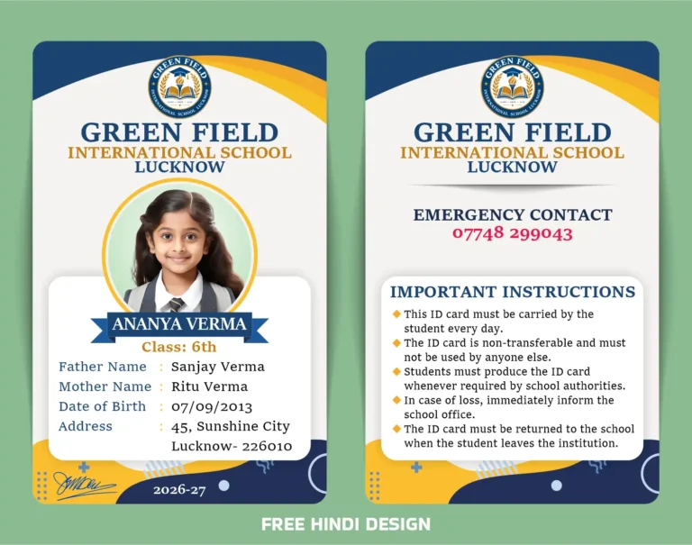 Premium international school student ID card template with student photo and important instructions
