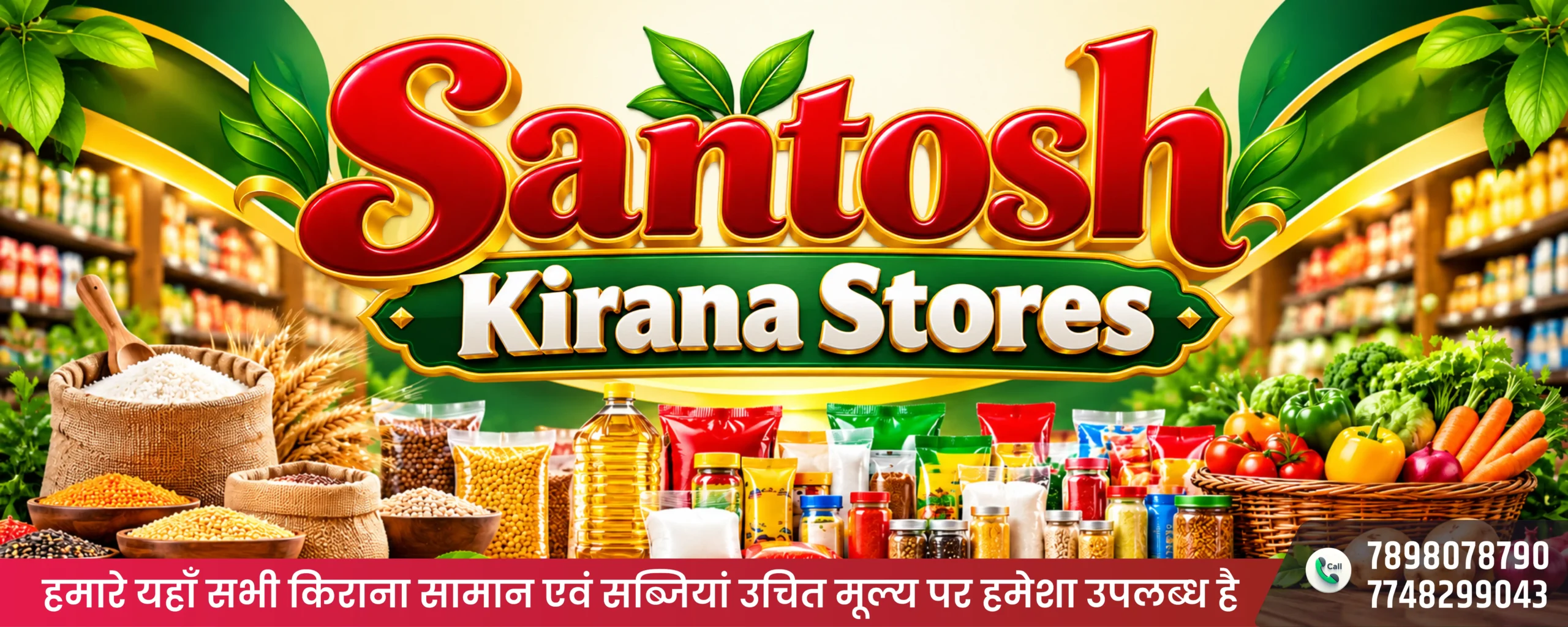 Kirana store and vegetable shop banner design featuring grocery products, fresh vegetables, Hindi promotional text, and contact numbers