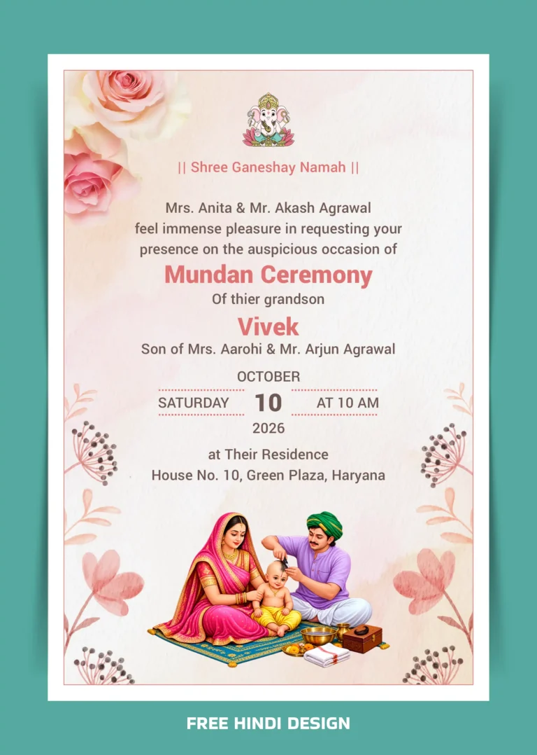 Mundan Ceremony invitation card template with floral design, family illustration, and ceremony details for 10 October 2026