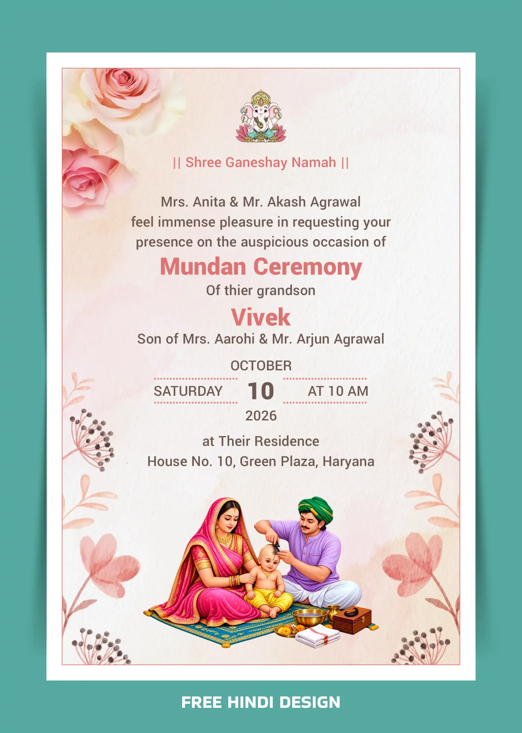 Mundan Ceremony invitation card template with floral design, family illustration, and ceremony details for 10 October 2026