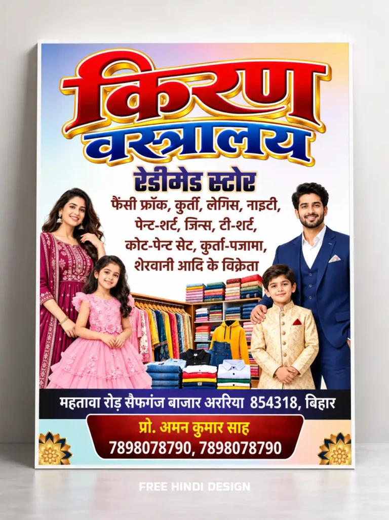 Hindi readymade garments shop banner design featuring family clothing images, apparel categories, shop address and contact details